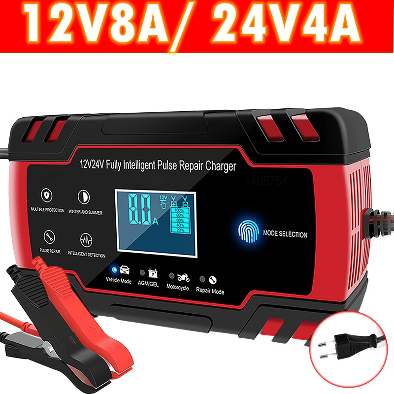 Nabíjačka batérií 24 V 12V Motocyklová nabíjanie vozidla na nabíjanie oloveného nabíjania Smart Battery Smart Rýchle opravy LCD displej LCD