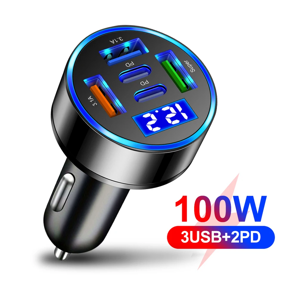 Nabíjačka s automobilom Celkom 100 W mobilných automobilových adaptér podporuje super rýchle rýchle nabíjanie 5 z 1 viacerých portov s digitálnym displejom vozidla