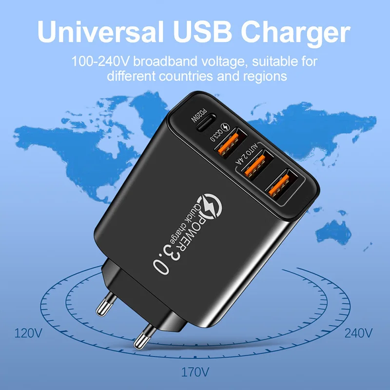 Nabíjačka s viacerými portmi s adaptérom 3USB 1PD pre Xiaomi iPhone 13 12 pre zástrčku mobilného telefónu Samsung