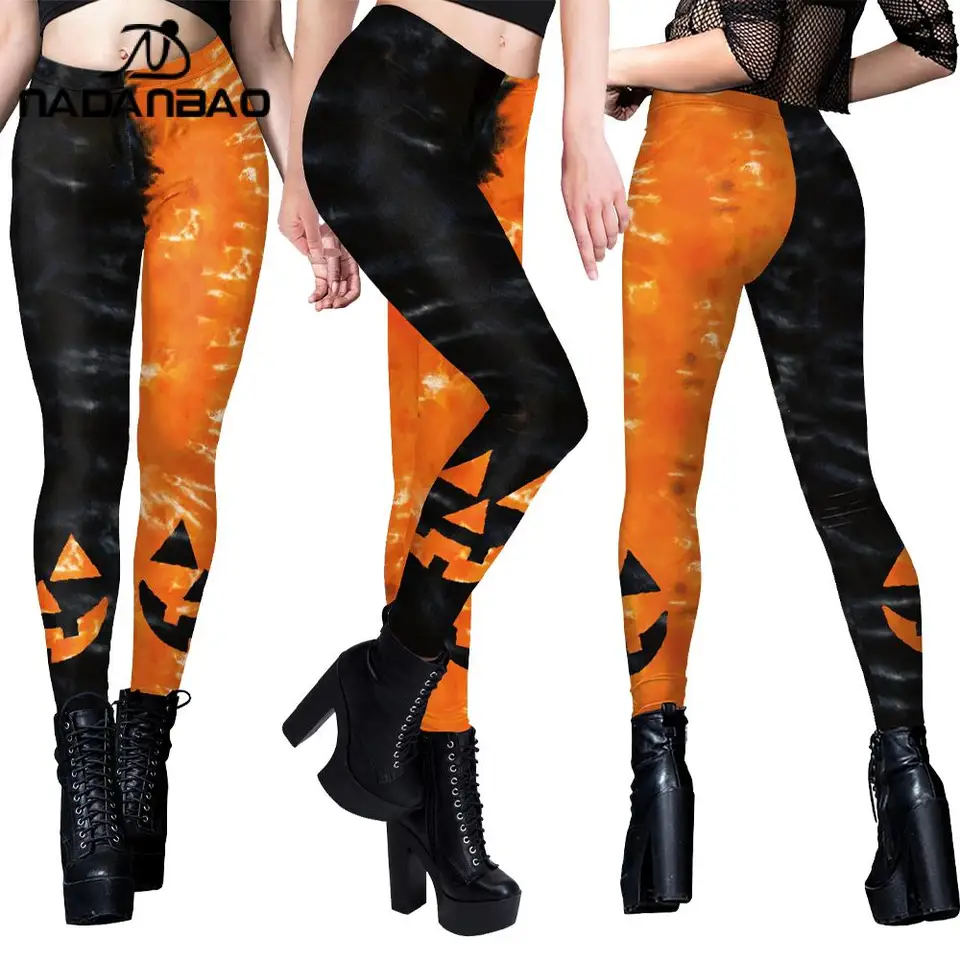 Nadanbao Halloween Dámske tesné nohavice Čierna oranžová tekvica Usmievavá tvár 3D digitálna tlač Športová fitness jogy legíny