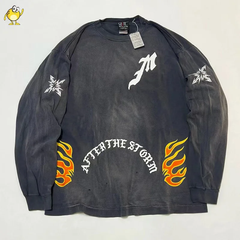 Nadmerné horné tričko Saint Svätý dlhý rukáv tričko Men Žena 1: 1 Poškodená najlepšia kvalita vintage streetwear hip hop