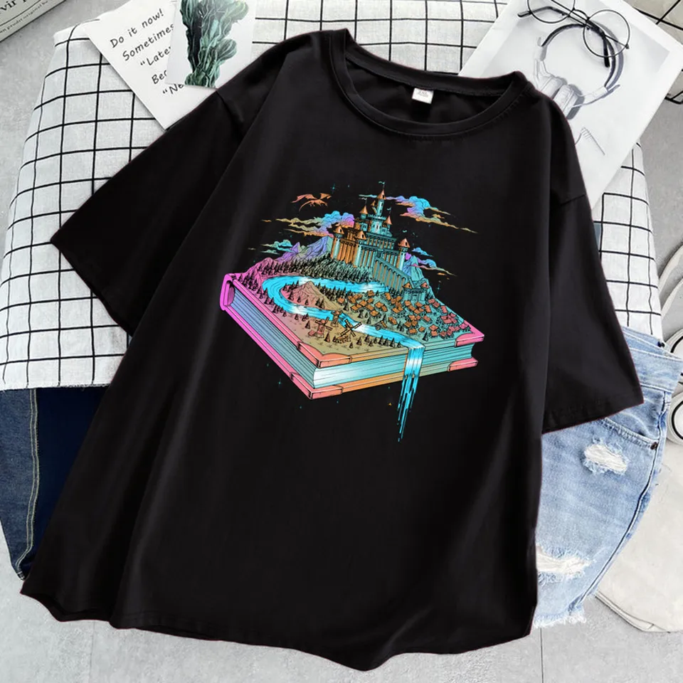 Nadmerné tričko po svete v knižnom tričku femme 90. roky oblečenie letné základné ženské tričko Lady Girl Tops Tees