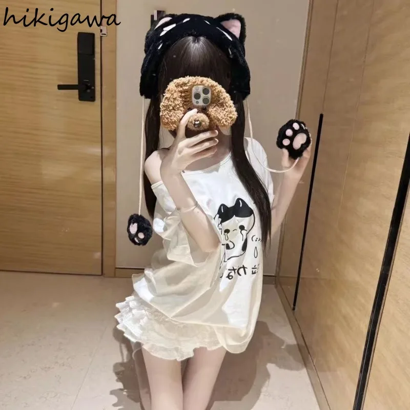 Nadmerné tričká Dámske odevy bavlnené biele odpaliská roztomilé japonské camisetas ropa mujer mimo ramena anime letné tričko y2k vrcholy y2k