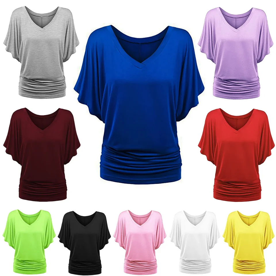 Nadmerné ženy v krku krátke Slev Preated Loose T-Shirts Summer Lady Batwing Rukáv nadmerne nadmerne S-5XL TEE TOPE TOPS OUYFZ-A1375