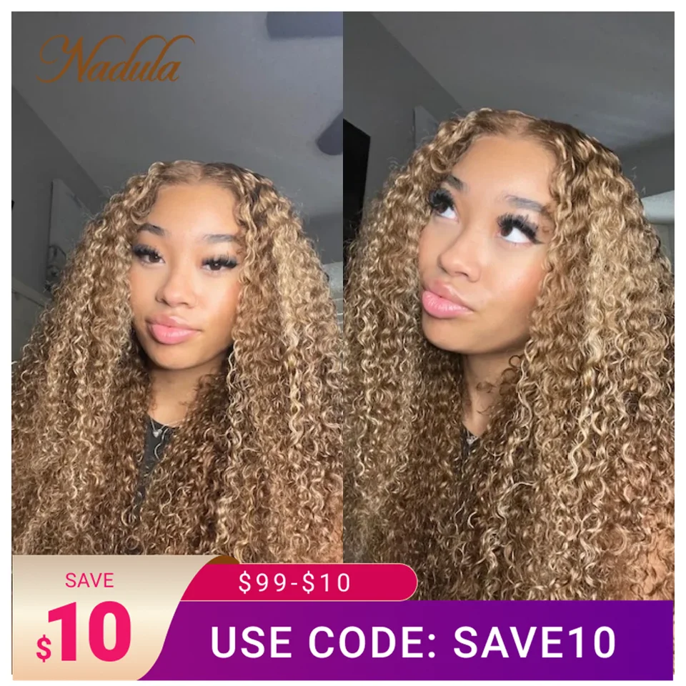 Nadula Hair Prvý Glueless 13x4 čelný zvýraznený kučeravý predzrezaný čipkovaný čestný parochňa a neviditeľné uzly medové blond vlasy