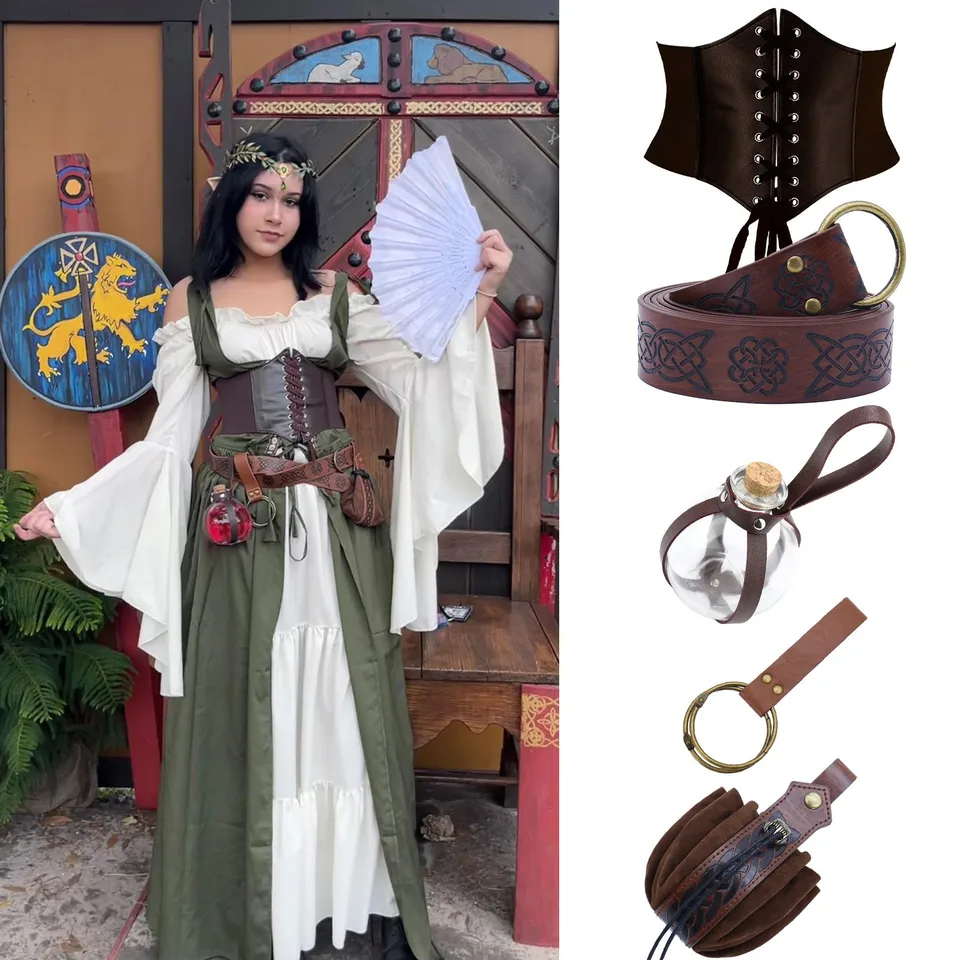 Nafukovacie oblúkové ženy Ženy Stredoveké kapucňové šaty súprava s gotickými doplnkami s reverzným bleskom cosplay kostýmy Vestidos