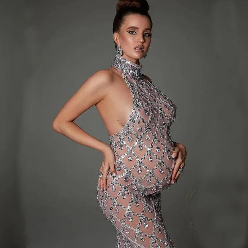 Nahé šaty kamienok. Materské fotoshoot outfit pre slávnostné večerné narodeninové oblečenie, vyzdobené bábätko, tehotenstvo fotenie