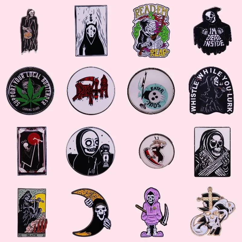 Najlepšie kvalitné teroristické kostrové skloviny špendlíky Custom Smrť kosacle mesačné okrúhle odznaky klopa batoh klobúk brošňa šperky darčeky veľkoobchodné