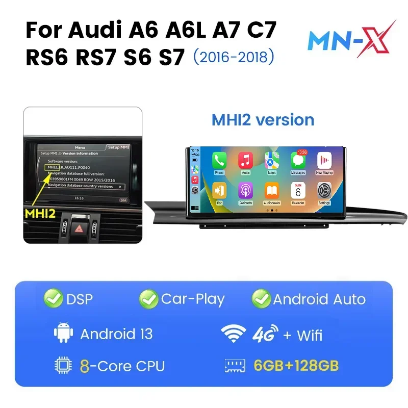 Najnovšia obrazovka automobilu s Androidom pre Audi A6 A6L A7 C7 RS6 RS7 S6 S7 2012 - 2018 GPS Multimedia Player Stereo Wireless Carplay Auto BT