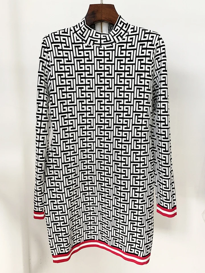 Najnovšia ulica F/W 2024 Dizajnérske módne Ženy s dlhým rukávom Geometrické monogram pletené šaty