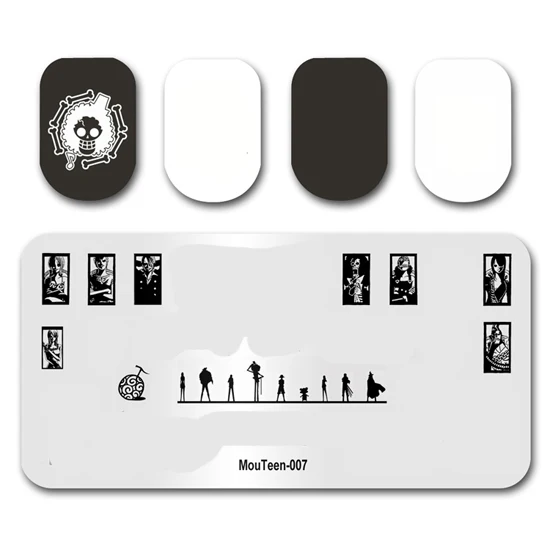 Najnovšie pečiatke na nechty mouteen007 Cartoon Monkey Luffy Luffing Raxing Plates Manikúrová šablón Sada na pečiatku nechtov