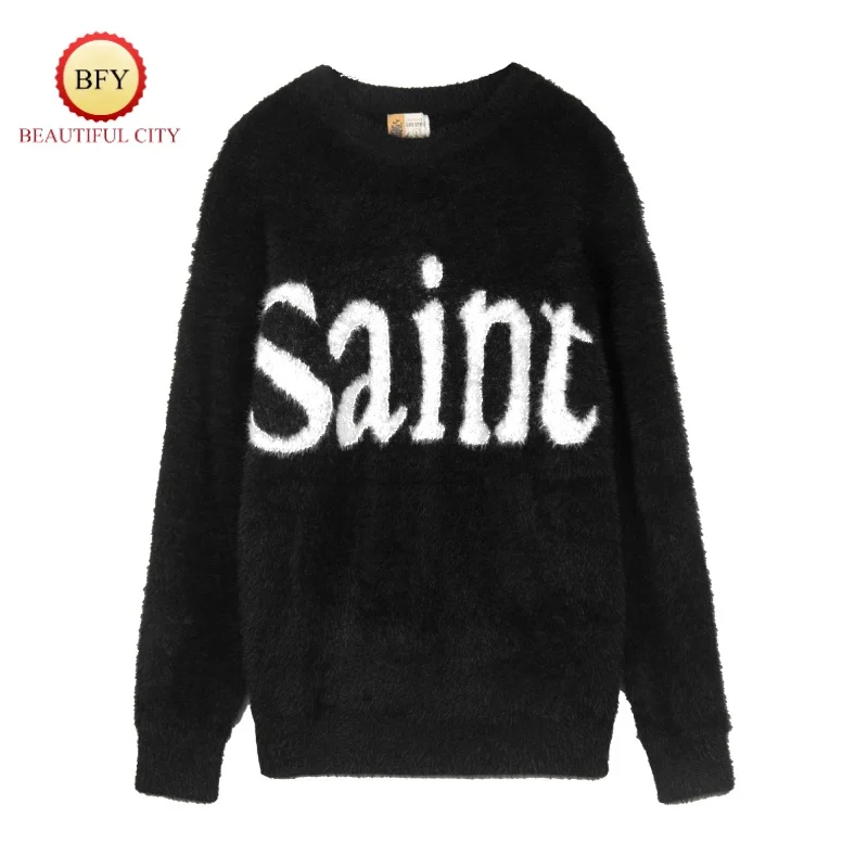 Najnovšie vinobranie Saint Autumn Winter Washed Fashed Jacquard Letters Sweater Round Crck Warm Mens Dámny vlnený sveter so značkami