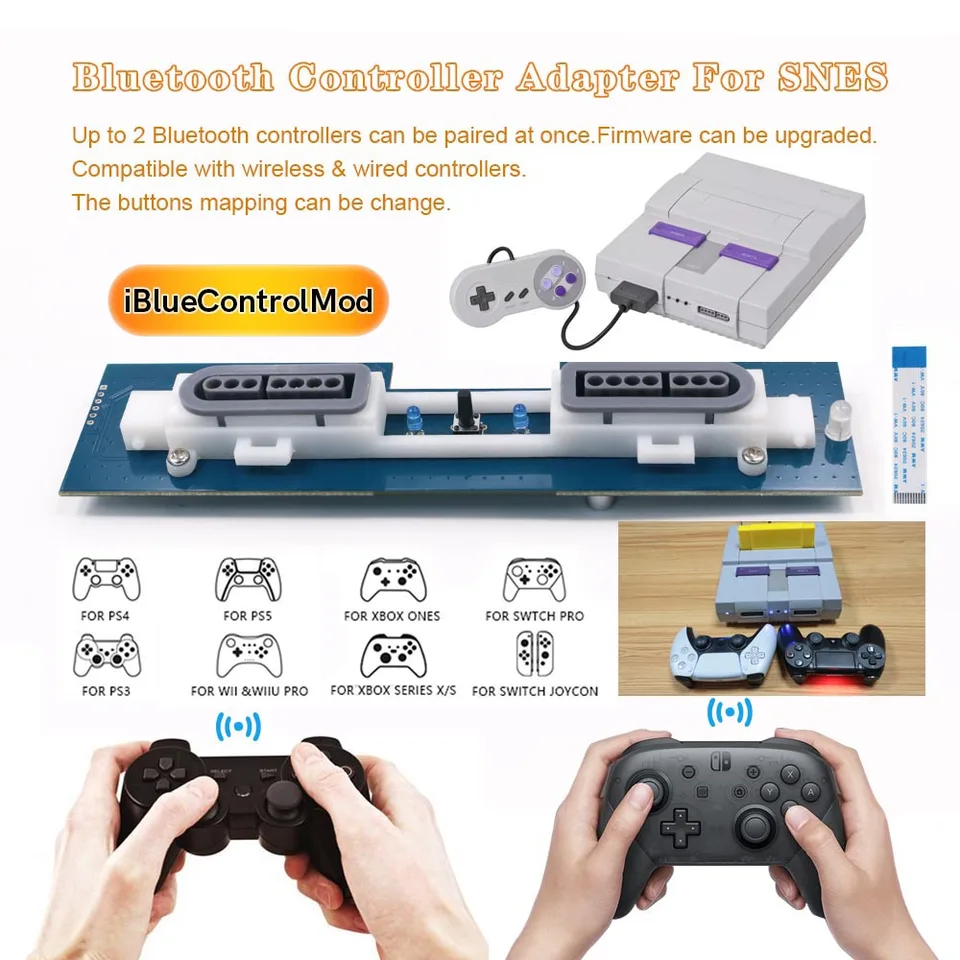 Najnovší 2024 IBLUECONTROLMOD pre nás SNES Bluetooth Wireless Controller Interný adaptér pre nás SNES Bluetooth GamePad Adapter