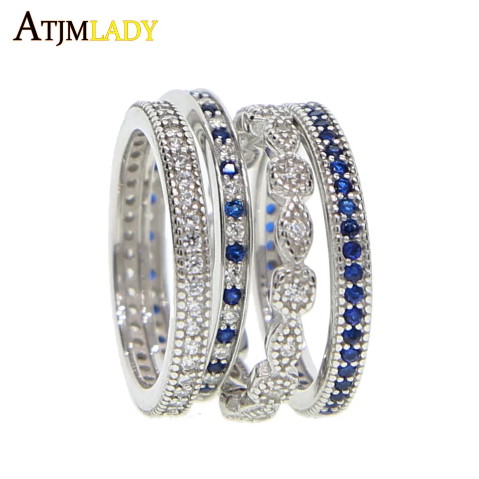 Najvyššia kvalita číra modrá kubická zirkónia zásnubná pásmo 4 ks stohovacie dojbateľné ženy 925 Sterling Silver Eternity Cz prsteň prsteň