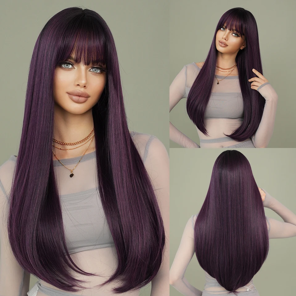 NAMM dlhé rovné fialové parochne pre ženy syntetické s treskami Dark Roots Parochne pre ženskú každodennú párty Cosplay tepelne odolné voči tepelne