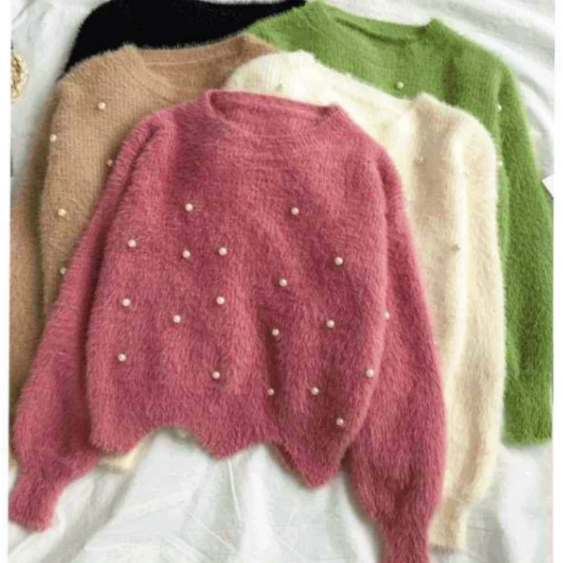 Napodobňovanie mozgovej vlny Hot Fleecing Puff Winter Korean Nové elegantné dámske sveter korálky pletené pullover Office Lady Sweet Elegant Top top top