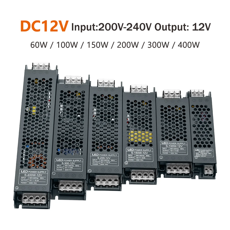 Napájací napájací zdroj AC190-240V DC12V 24V MUTE LIGHTING TRANSFORMER TRANSFORMER LED Prevodník Light Driver Driver Adapter 60W 100W 200W 300W 400W