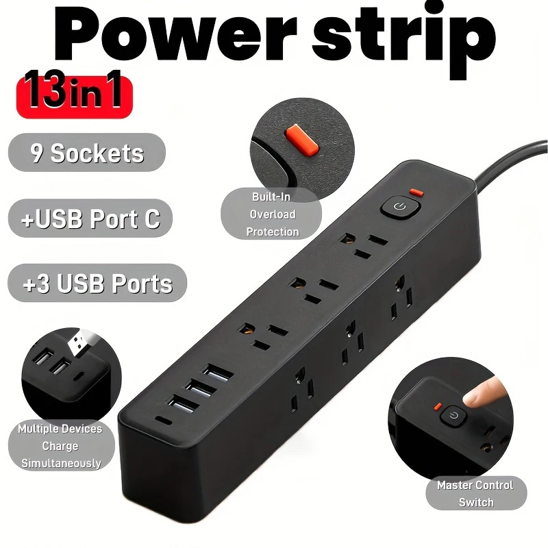 Napájací prúžok 9AC s USB nabíjačkou US Plug Socket Extender Outlet Outlets 3 USB 1 PD 13PORTS SLUG Plug Extender pre domácu kanceláriu