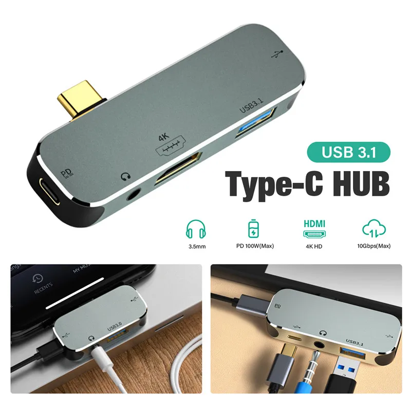 Napájaný typ C až USB Typec až 3,5 mm Jack USBC PD Type-C až HDMI Adaptér prevodník prevodníka štiepky pre dokovaciu stanicu pre MacBook