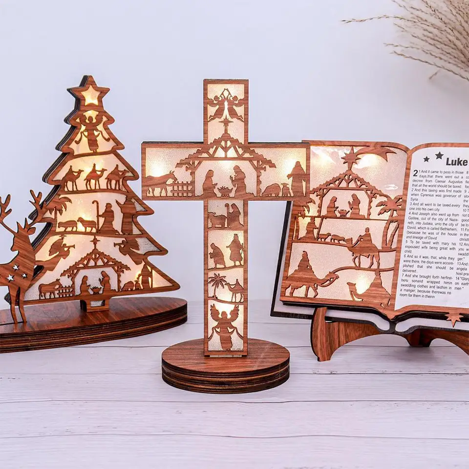 Narodenina scéna figurína drevená stánková kniha Biblia s LED svetlo dreveným vianočným kreatívnym umeleckým remeslom vianočná atmosféra dekorácia