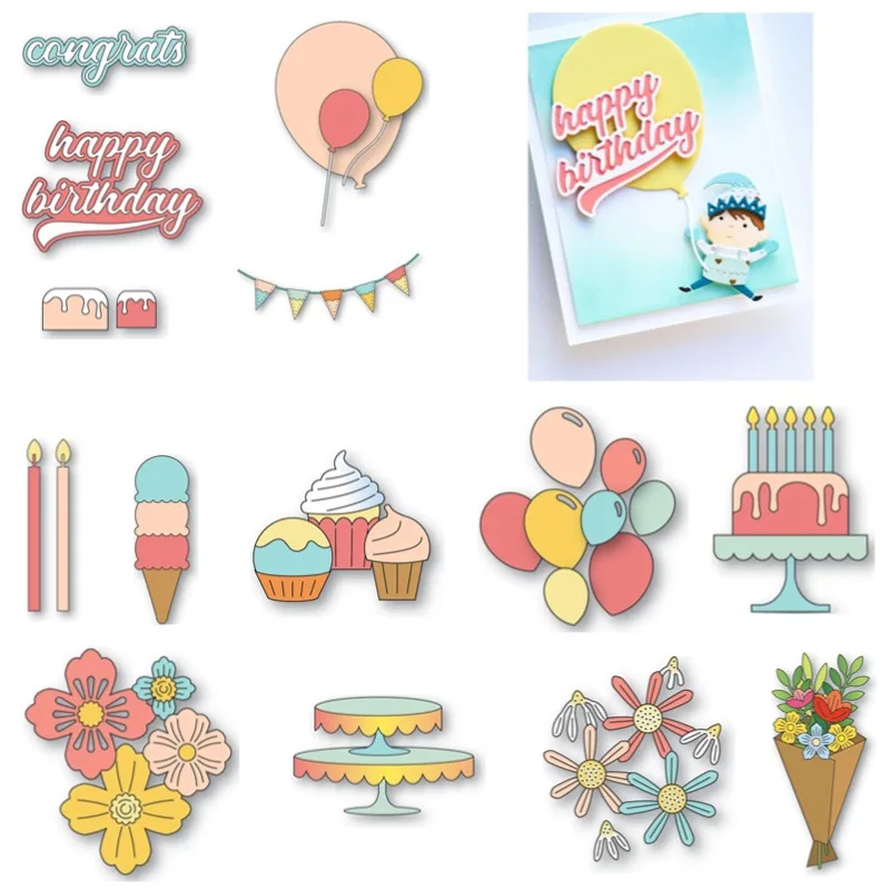 Narodeninové torty Florals Všetko najlepšie k narodeninám Daisy Metal Cutting Dies Silikone Stamps Scrapbooking Stencil Photo album karta DIY Paper
