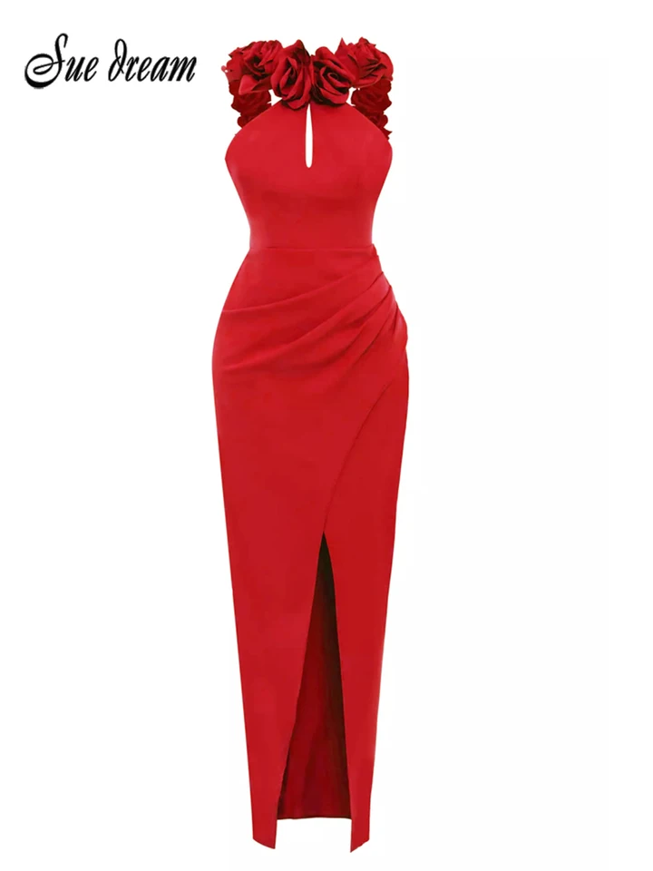 Narodeninové šaty Ženy Elegantné a elegantné 3D kvety dekorácia backless červené dlhé svadobné šaty