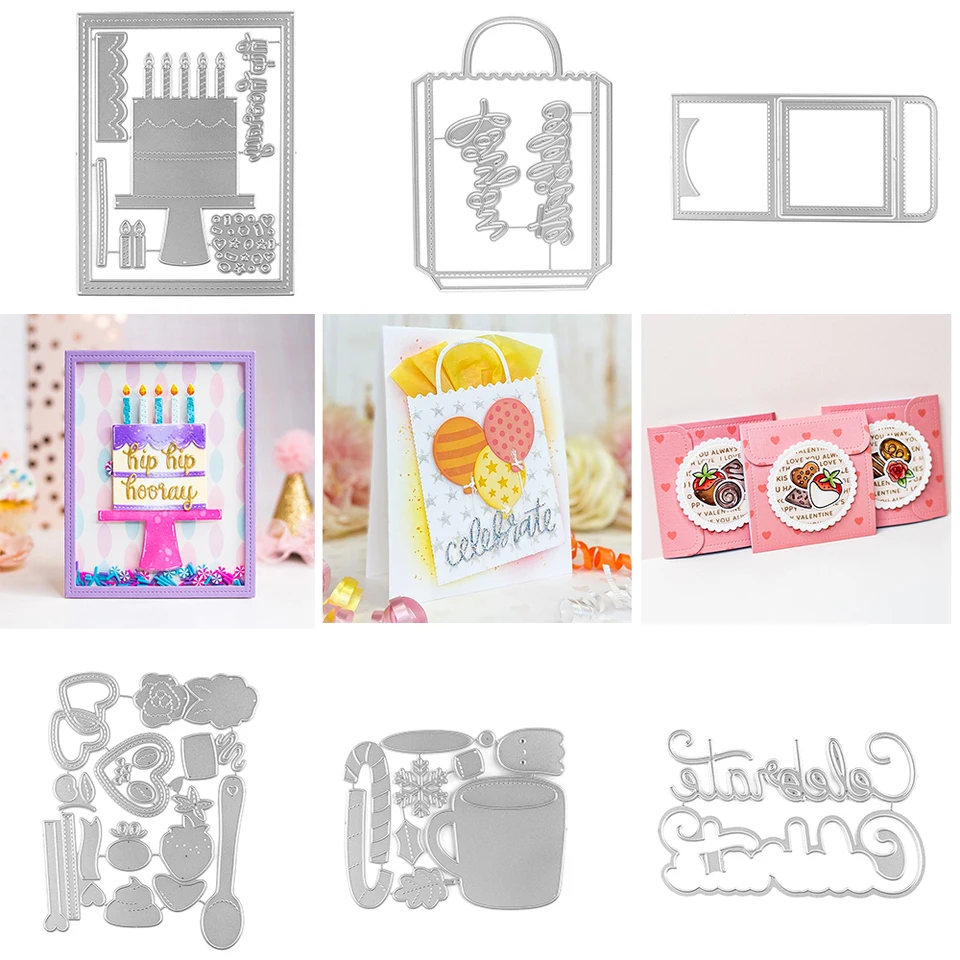 Narodeniny Fancy Cake/Darčeková karta Bag s hrnčekmi pre hrnčeky Deserty Apresory Oslavujú kovové rezanie matiek pre DIY Scrapbooking Card Craft výroba