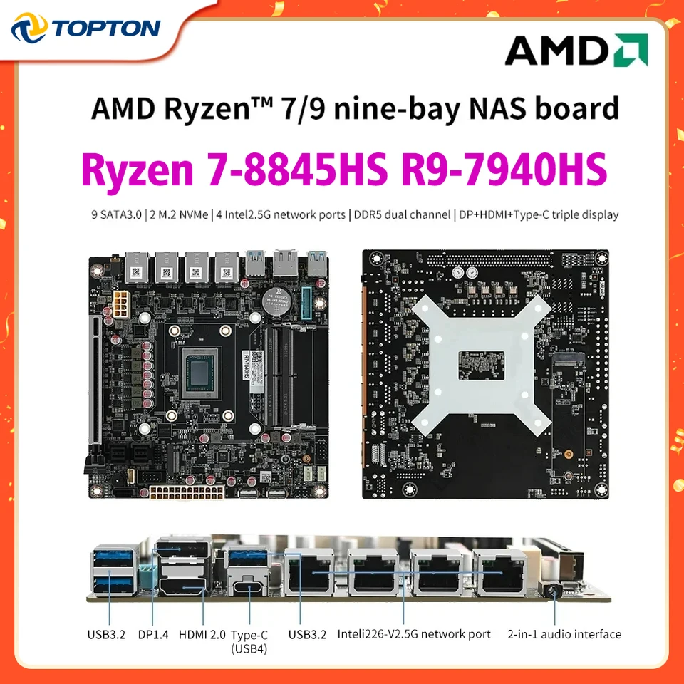 NAS MORD RYZEN 9 7940HS 8845HS 9-BAY USB4 4X I226-V 2,5G LAN 9XSATA3.0 2xm.2 NVME PCIE X16 2XDDR5 17x17 Firewall ITX