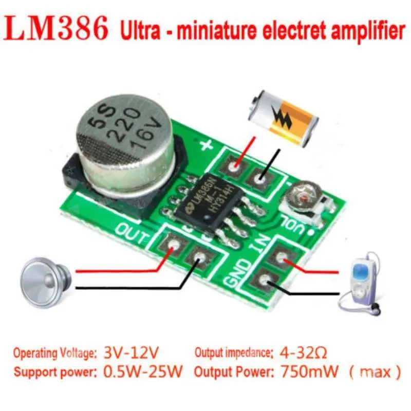Nastaviteľná mini LM386 DC 3,8V-12V 150MA 5V 5V Zvukový zosilňovač Micro AMP MOCRO AMP