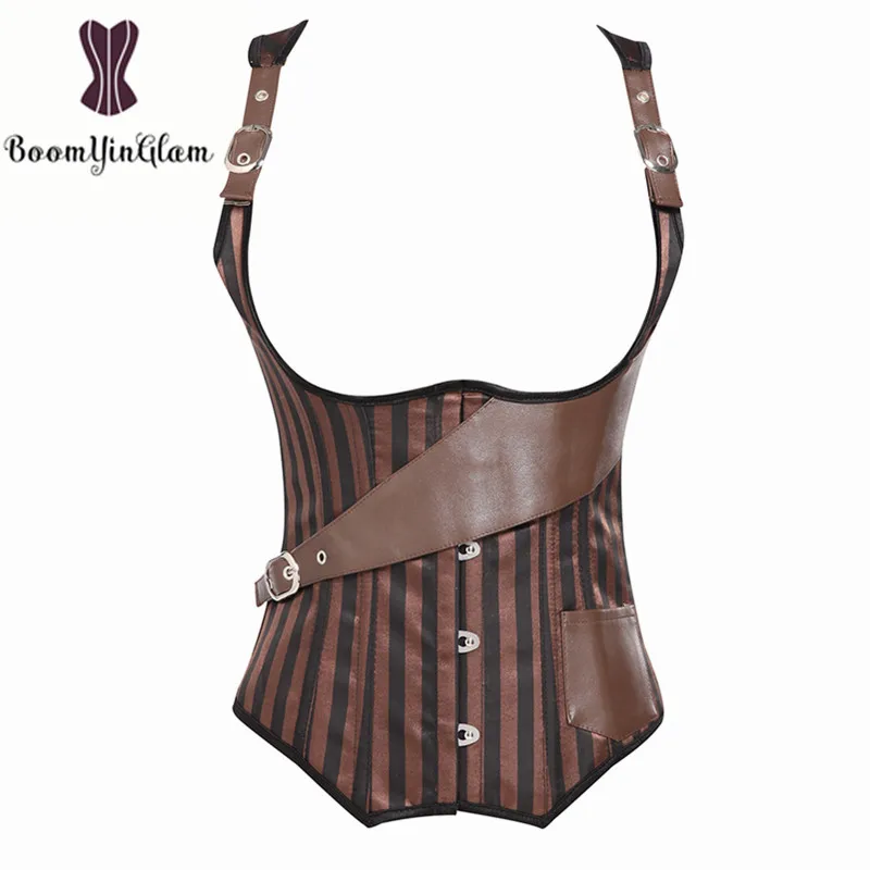 Nastaviteľné popruhy Ženy Brown Gothic Steampunk Boned Refotcoat Underbust Corset s oceľovým vylúčením J903#