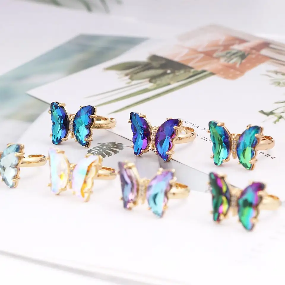 Nastaviteľné ženy Dievčatá Korean Crystal Butterfly Open Ring Módne šperky prsty prsty