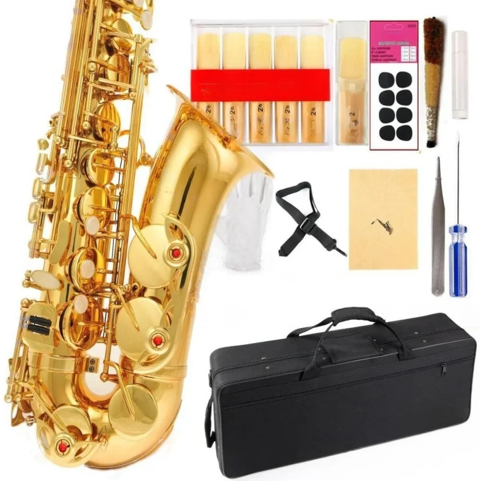 Nastaviteľný kožený saxofón s 11 reedami, zlatý laker, 8 vankúšov vankúšikov, puzdro, carekit