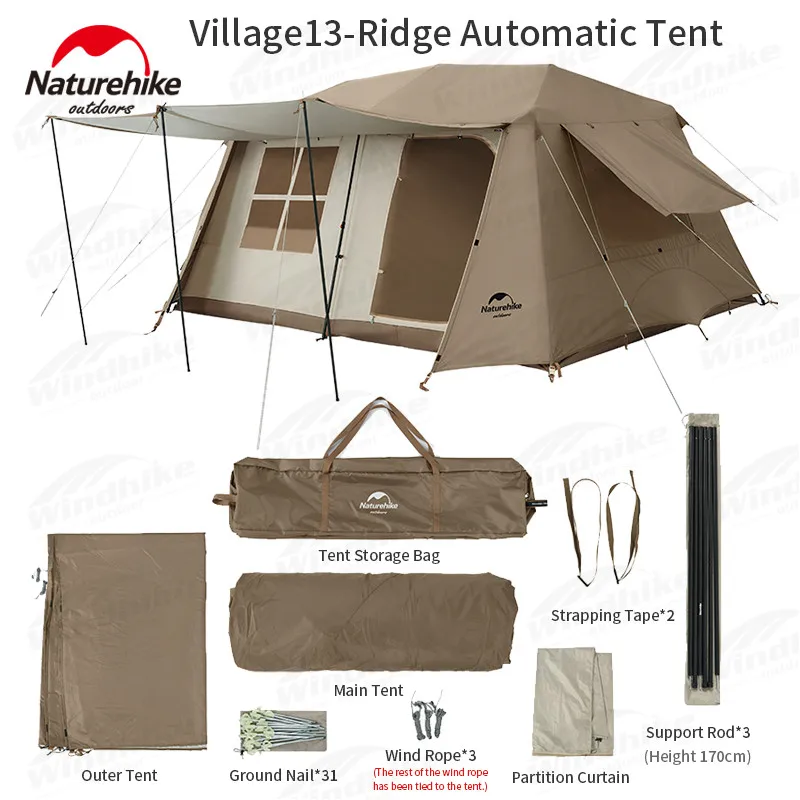 Naturehike Village 13 Automatický stan kempingu Hut One-Touch Stan Cabin Outdoor Witerproof Family Travel útočisko Veľký luxusný automobil