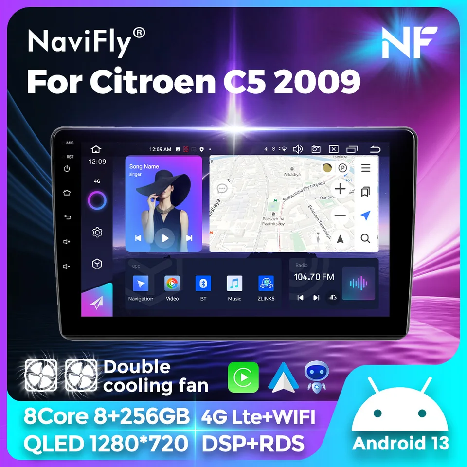 Navifly 10 palcový Android 13 QLED Screen Wireless CarPlay Android Autoradio GPS Navigation Multimedia Player pre Citroen C5 2009