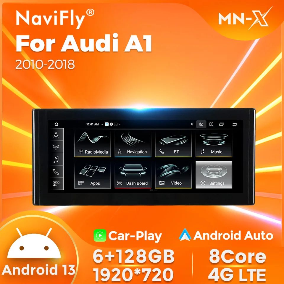 Navifly 1920*720 dotyková obrazovka Android13 Car pre Audi A1 2013-2018 CarPlay Android Auto WiFi BT GPS Multimedia Video Player