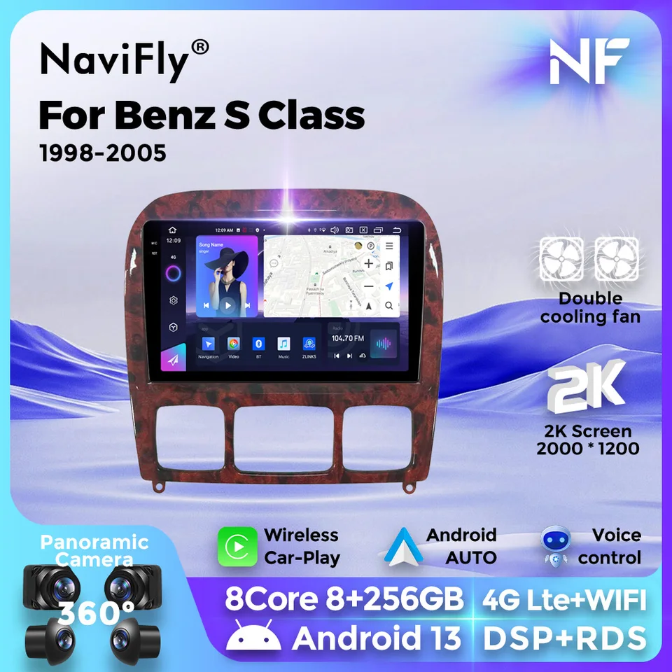 Navifly 2 Din Car Radio CarPlay Multimedia Video Player Navigation GPS 4G QLED Screen Screen for Mercedes Benz S Class W220 1998-2005