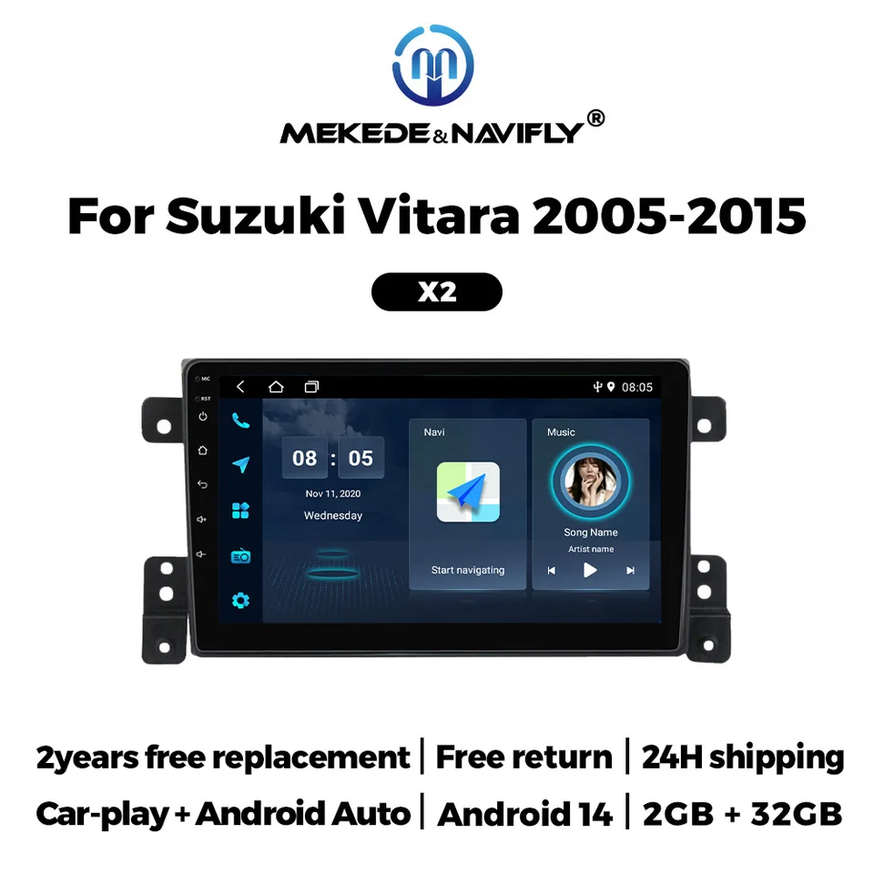 Navifly 9 '' dotyková obrazovka 4-jadrová bezdrôtová CarPlay Auto Android 14 Car Radio Radio Stereo Player GPS pre Suzuki Grand Vitara 3 2005-2015