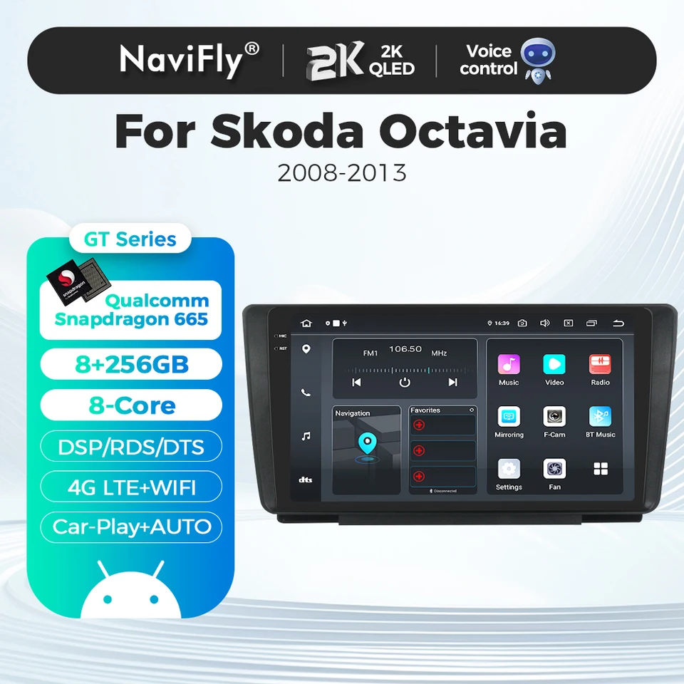 Navifly 9 palcový Android 14 pre Skoda Octavia 2 A5 2007 - 2014 CAR Radio Multimedia Video Player GPS CarPlay Navigation DTS No DVD