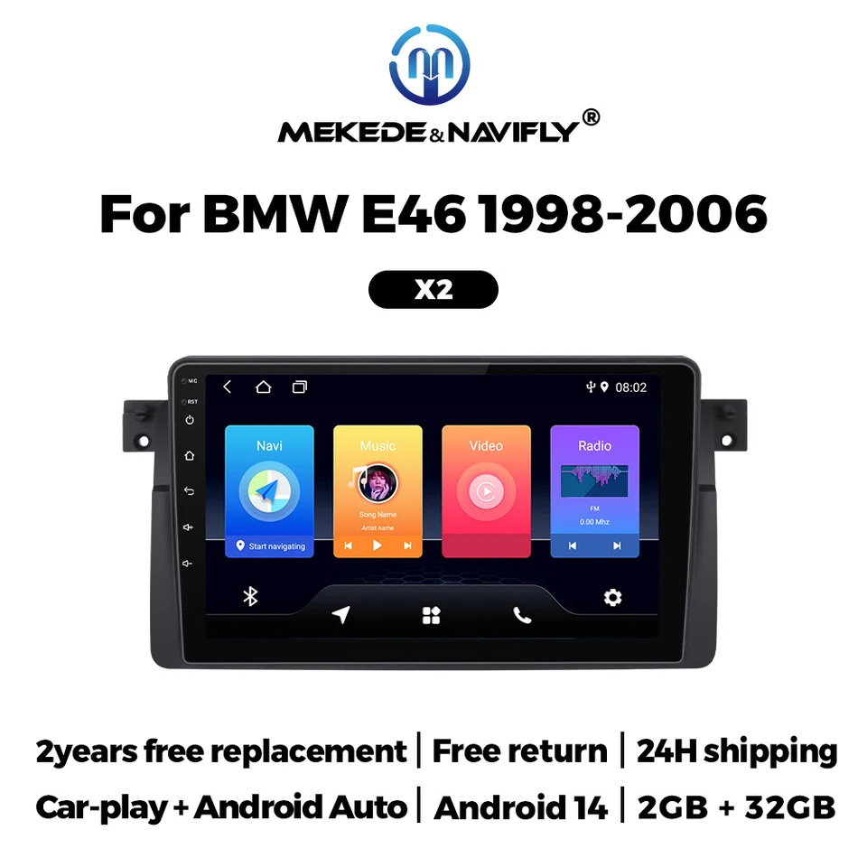 Navifly 9 -palcový automobilový rádio videa prehrávač Android 14 pre BMW 3 série 3 série E46 1998 - 2006 CarPlay Android Auto