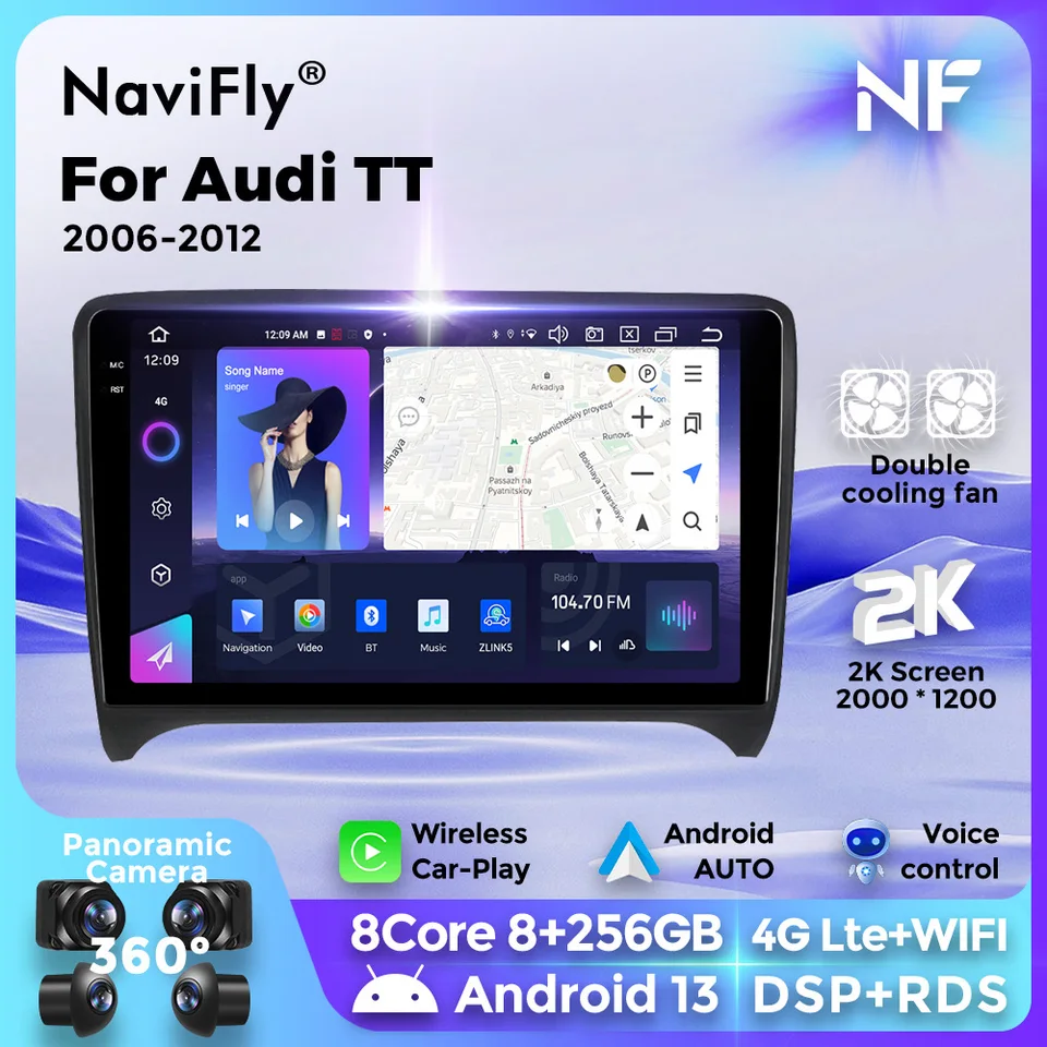 Navifly Android 13 All-in-One QLED 2K Screen CarPlay Automatické auto Stereo Audio Multimedia Player GPS 2DIN DVD pre Audi TT 2006-2012