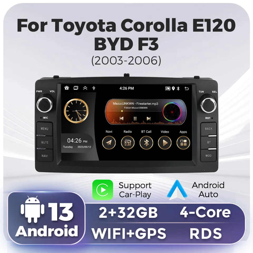 Navifly Android Auto Car Video Multimedia Player CarPlay pre Toyota Corolla E120 2003-2006 BYD F3 2GB 32 GB WiFi GPS BT