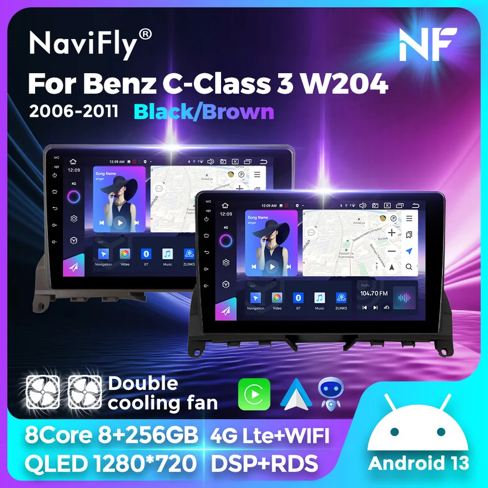 Navifly Android Auto CarPlay All in One Video Player for Mercedes Benz C trieda 3 W204 S204 2006 2007 2008 2009-2011
