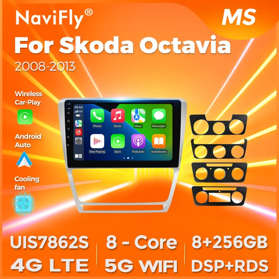 Navifly Android Car Radio pre skod Octavia 2 A5 2008-2013 multimediálne video stereofónny prijímač Player GPS Navigation CarPlay Auto