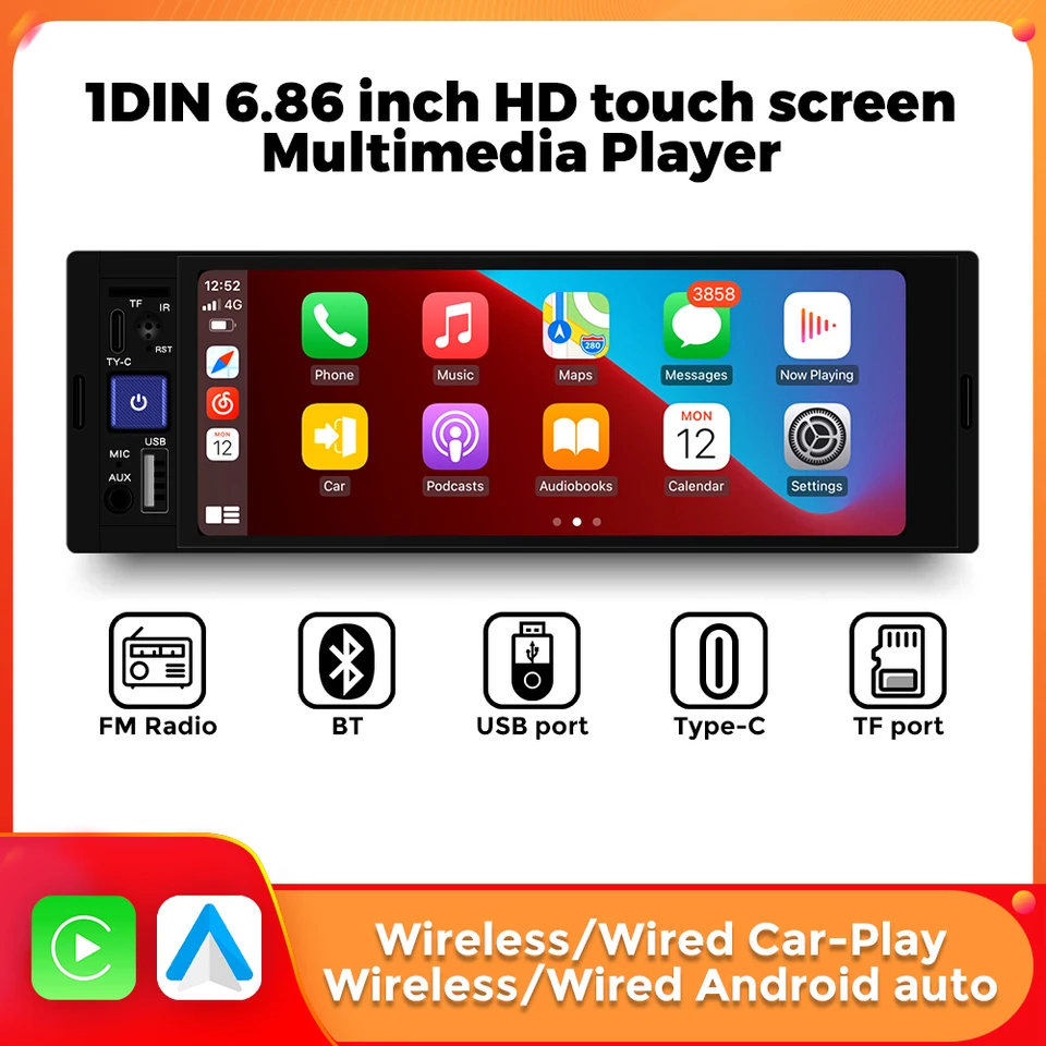 Navifly for Universal Car Radio Multimedia Video Player Android System Wireless/Wired CarPlay Auto 1Din 6,86inch HD dotyková obrazovka