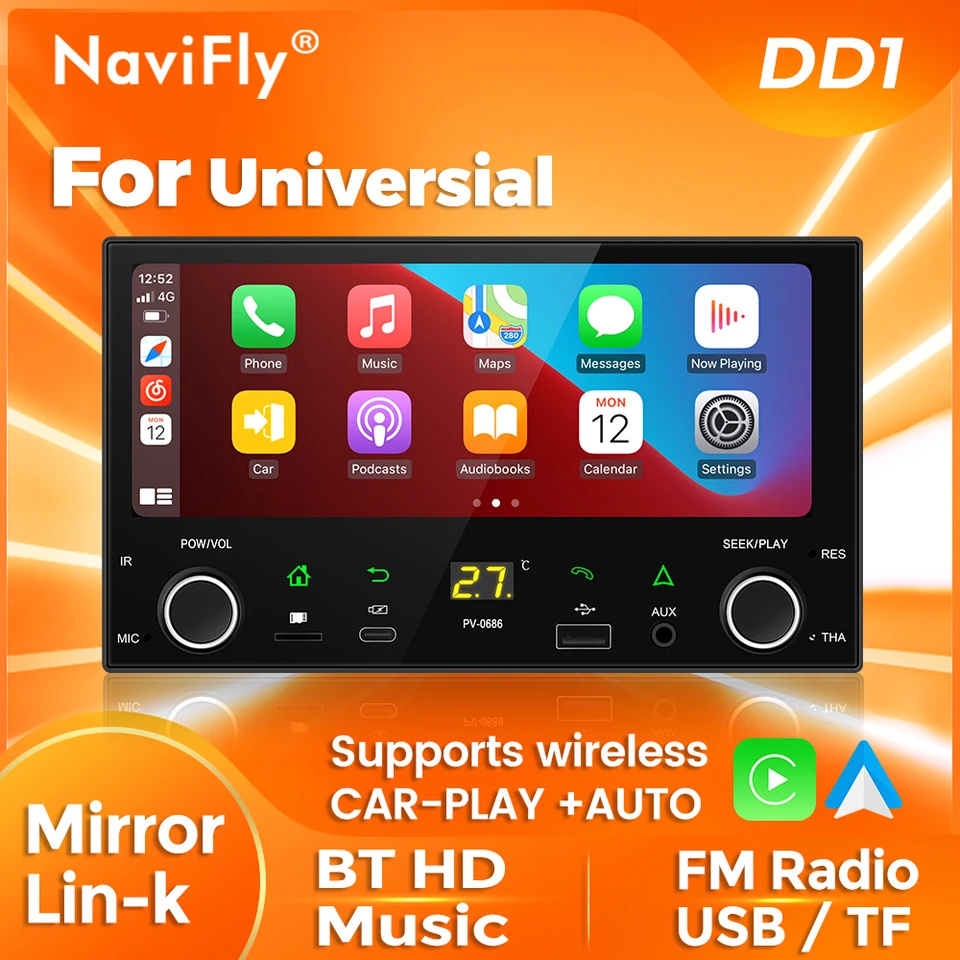 Navifly Universal Wireless CarPlay Android Auto 6,86 palca 2Din HD Touch Screen Multimedia Car Radio Player Aux USB TF Card FM BT