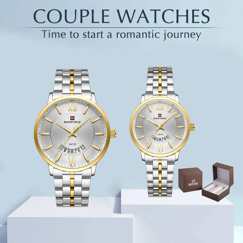 Naviforce luxusný pár hodinky móda z nehrdzavejúcej ocele milenky hodinky Quartz náramkové hodinky pre ženy Men Simple Witerprope Clock Darček