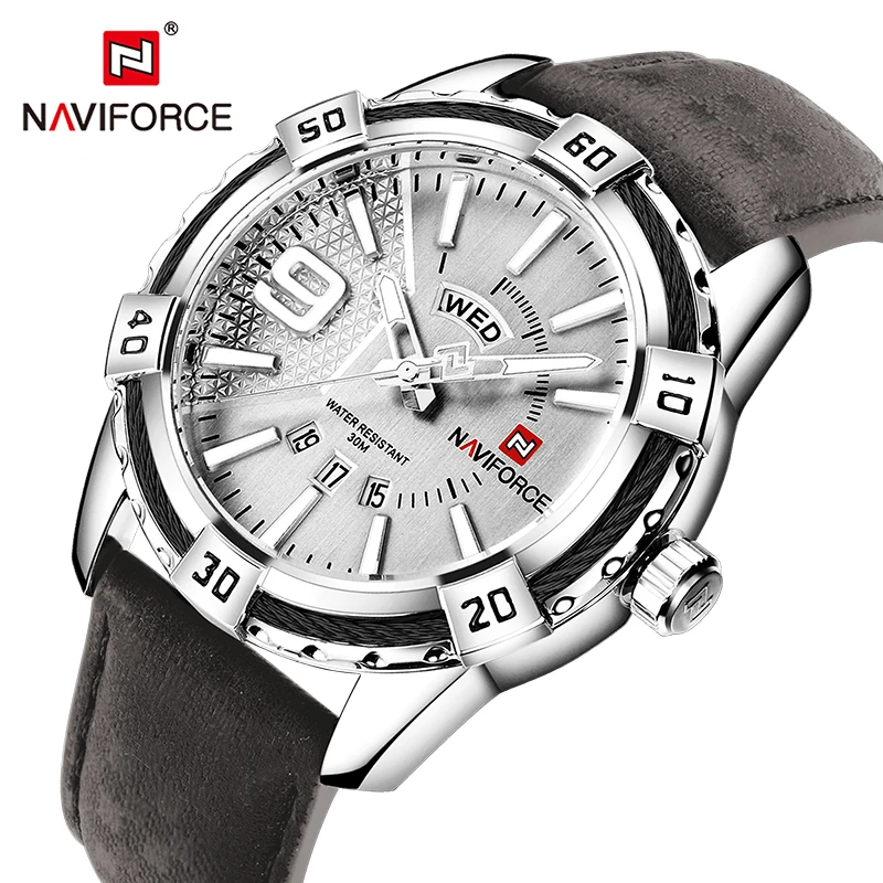 Naviforce Vojenské športy Svetlá luxusná značka hodinky pre mužov Deň a dátum Zobrazujú kožené vodotesné muži Quartz zápästie Watches