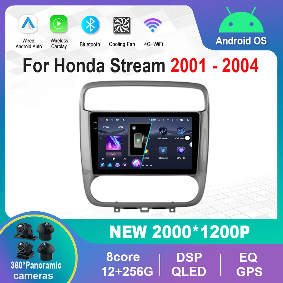 Navigation GPS 9 '' Android pre Honda Stream 2001 - 2004 Wireless Carplay Car Radio Multimedia Player 360 Camera DSP Stereo WiFi