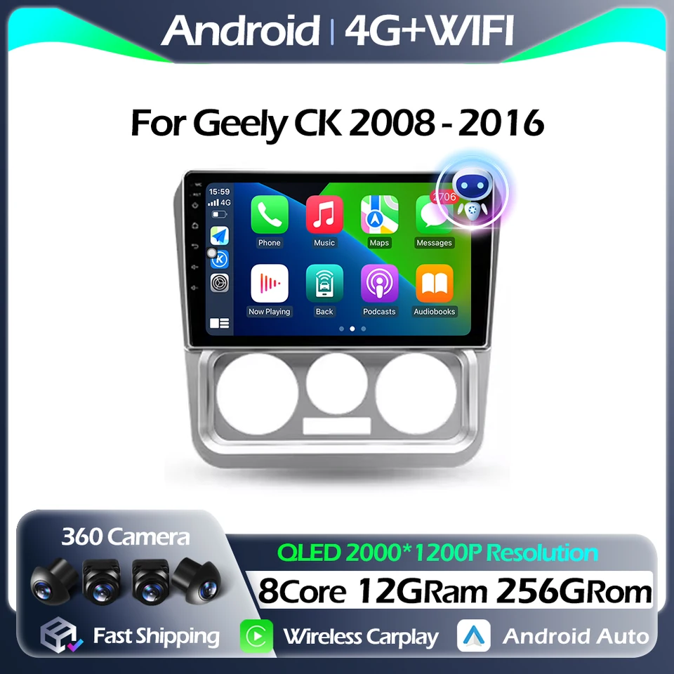 Navigation GPS Car Radio Android Auto pre Geely CK 2008 - 2016 Multimedia Player FM CarPlay 4G DSP WiFi