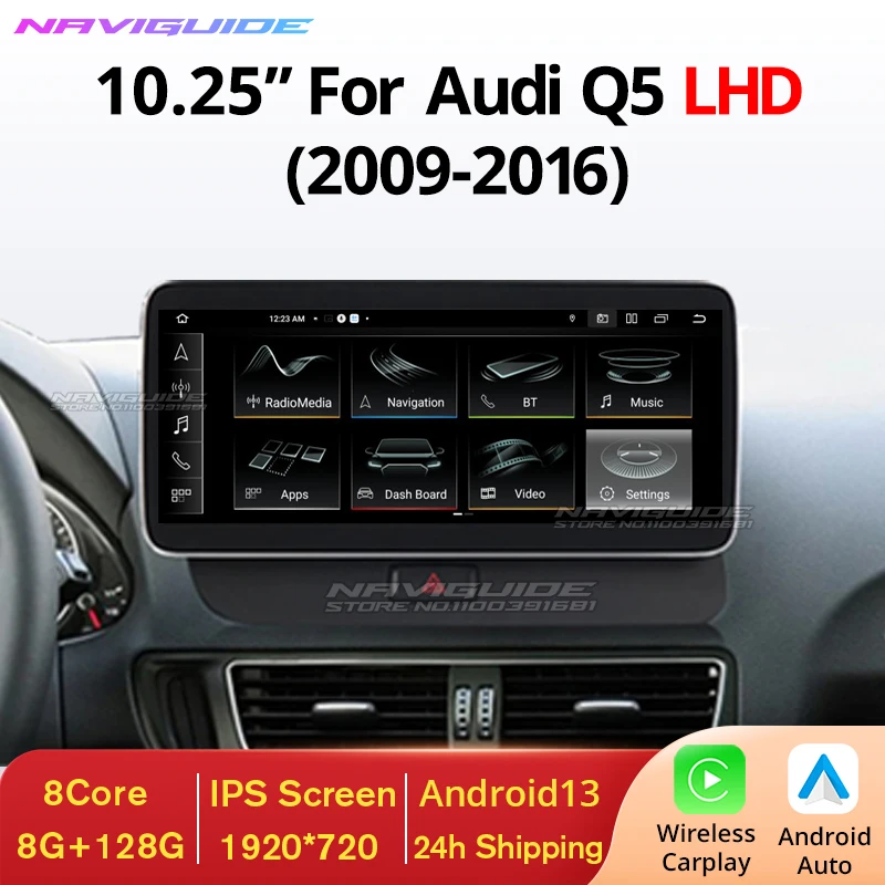 Naviguide 10.25 '' Android 13 pre Audi Q5 LHD 2009-2016 Car Radio Multimedia Player CarPlay Touch Screen Bluetooth WiFi DPS